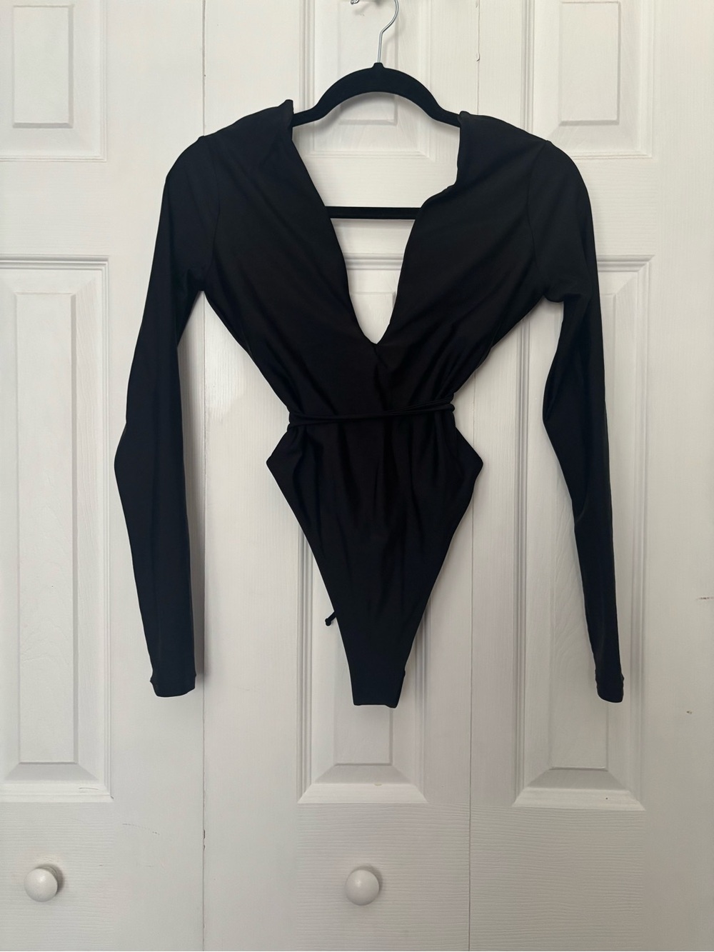 Forever 21 Black Long-Sleeve Deep V One-Piece Swimsuit